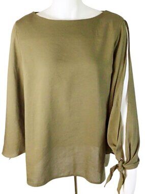 Coverstitched NWT Slit Sleeve Olive Green Top size Large L Knot 3/4 Sleeve Crepe